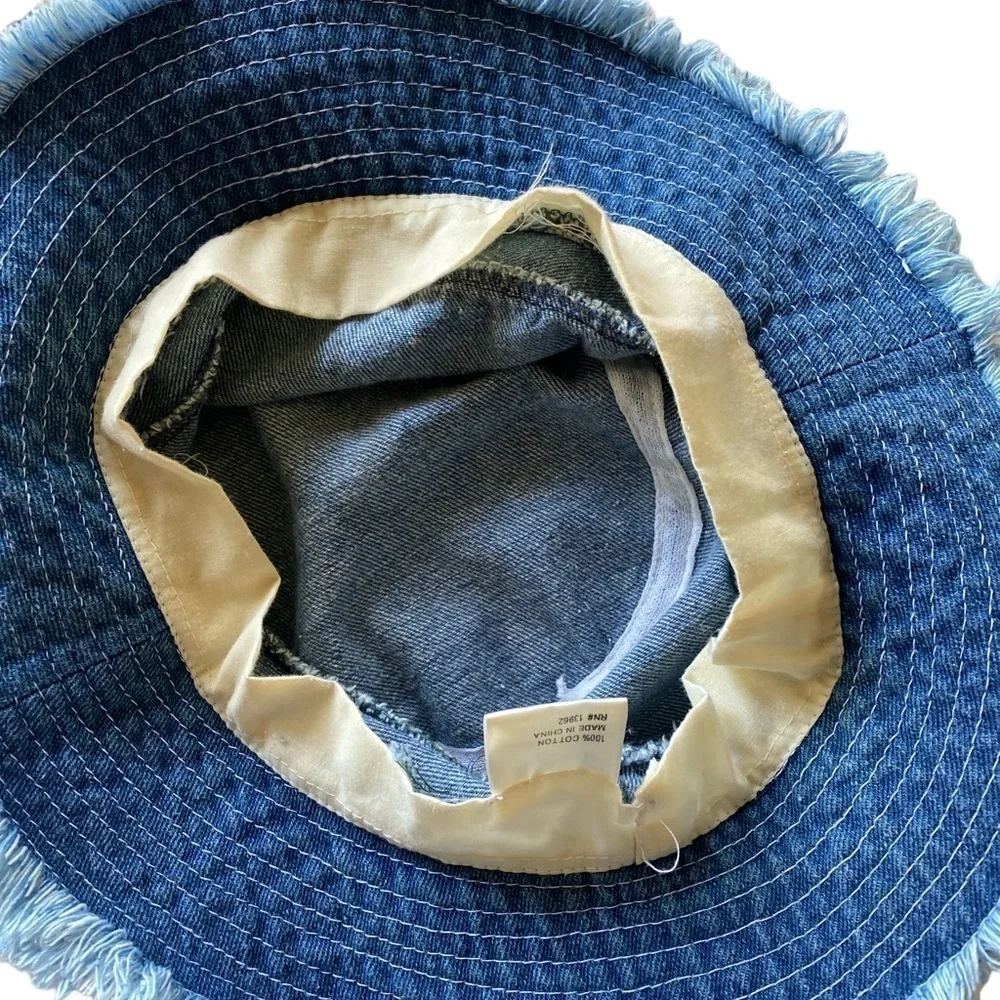 Vintage Blue Denim Fringed Bucket Hat OSFM Cottagecore Minimalist Boho Chic